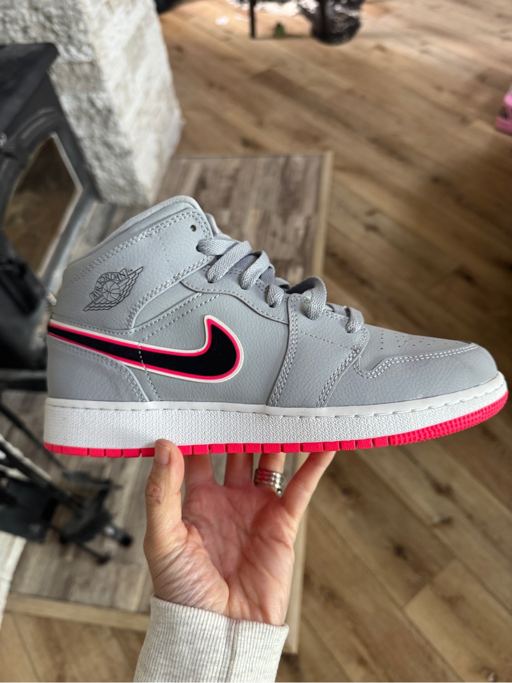 Nike Jordan Kids Mid-Top Sneaker in Grey with Pink Trim - Women’s 8